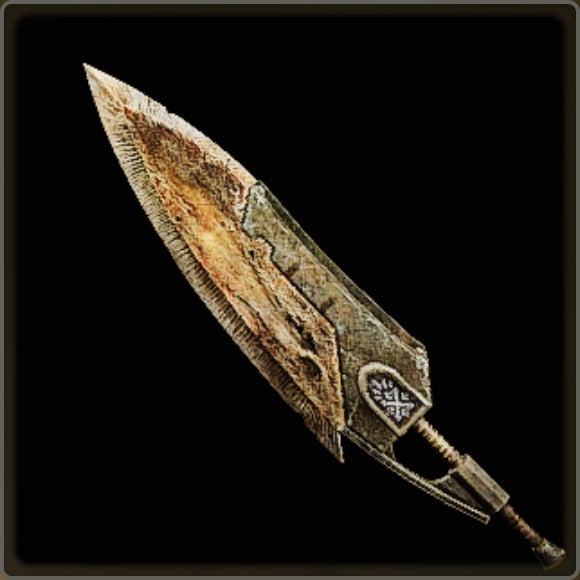 A close-up of a weapon in Monster Hunter Wilds against a black background.