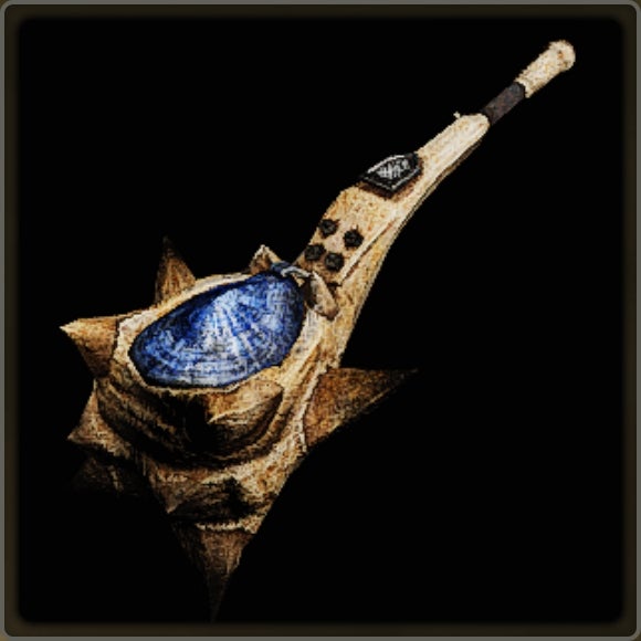 A close-up of a weapon in Monster Hunter Wilds against a black background.