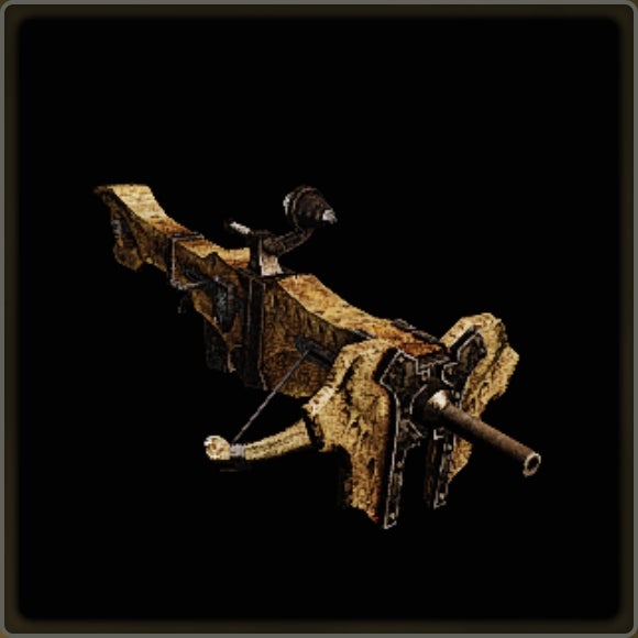 A close-up of a weapon in Monster Hunter Wilds against a black background.