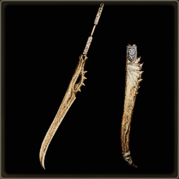 A close-up of a weapon in Monster Hunter Wilds against a black background.
