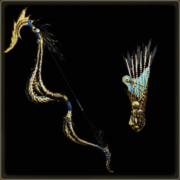 A close-up of a weapon in Monster Hunter Wilds against a black background.