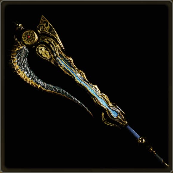 A close-up of a weapon in Monster Hunter Wilds against a black background.