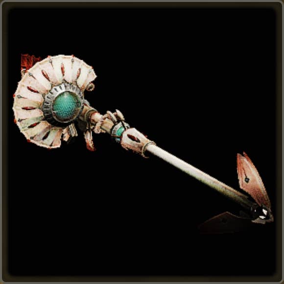 A close-up of a weapon in Monster Hunter Wilds against a black background.