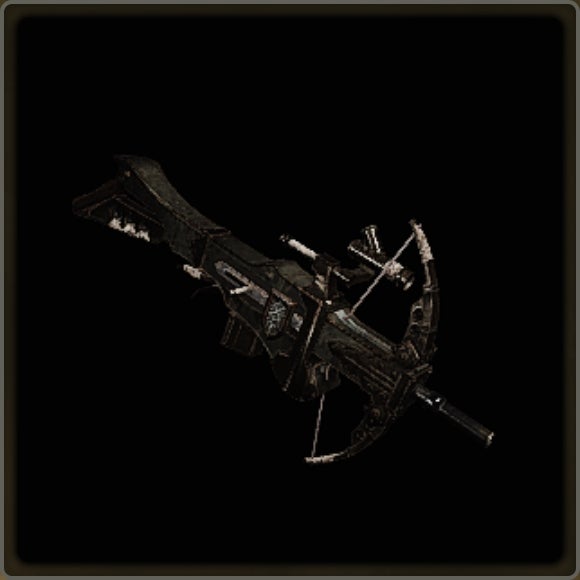 A close-up of a weapon in Monster Hunter Wilds against a black background.