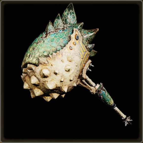 A close-up of a weapon in Monster Hunter Wilds against a black background.