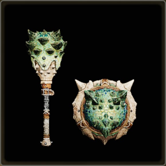 A close-up of a weapon in Monster Hunter Wilds against a black background.