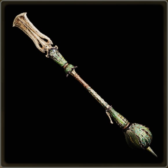 A close-up of a weapon in Monster Hunter Wilds against a black background.