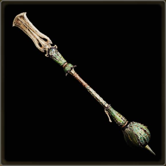 A close-up of a weapon in Monster Hunter Wilds against a black background.