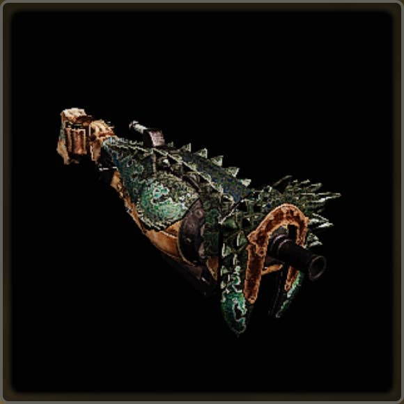 A close-up of a weapon in Monster Hunter Wilds against a black background.