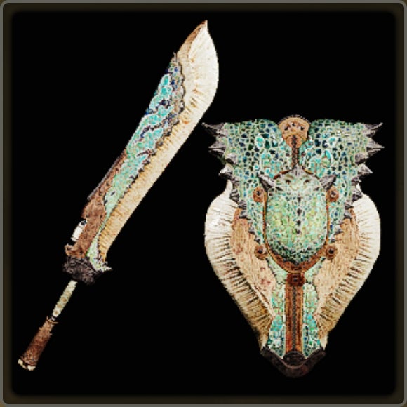 A close-up of a weapon in Monster Hunter Wilds against a black background.