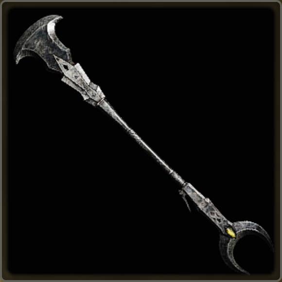A close-up of a weapon in Monster Hunter Wilds against a black background.