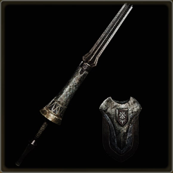 A close-up of a weapon in Monster Hunter Wilds against a black background.