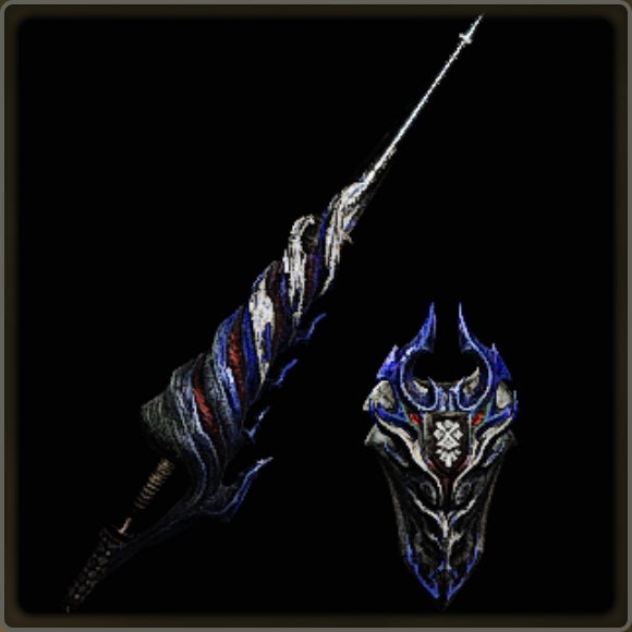 A close-up of a weapon in Monster Hunter Wilds against a black background.