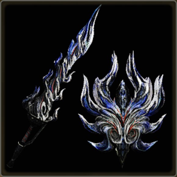 A close-up of a weapon in Monster Hunter Wilds against a black background. - 8