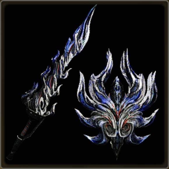 A close-up of a weapon in Monster Hunter Wilds against a black background.