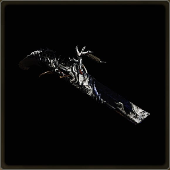 A close-up of a weapon in Monster Hunter Wilds against a black background.
