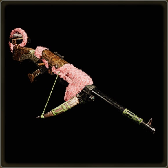 A close-up of a weapon in Monster Hunter Wilds against a black background.