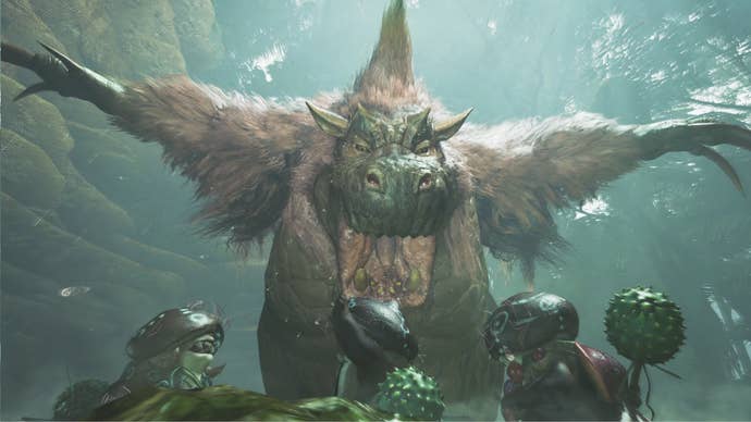 A Congalala, a large monster in Monster Hunter Wilds, roars at a trio of palicos who woke it up.