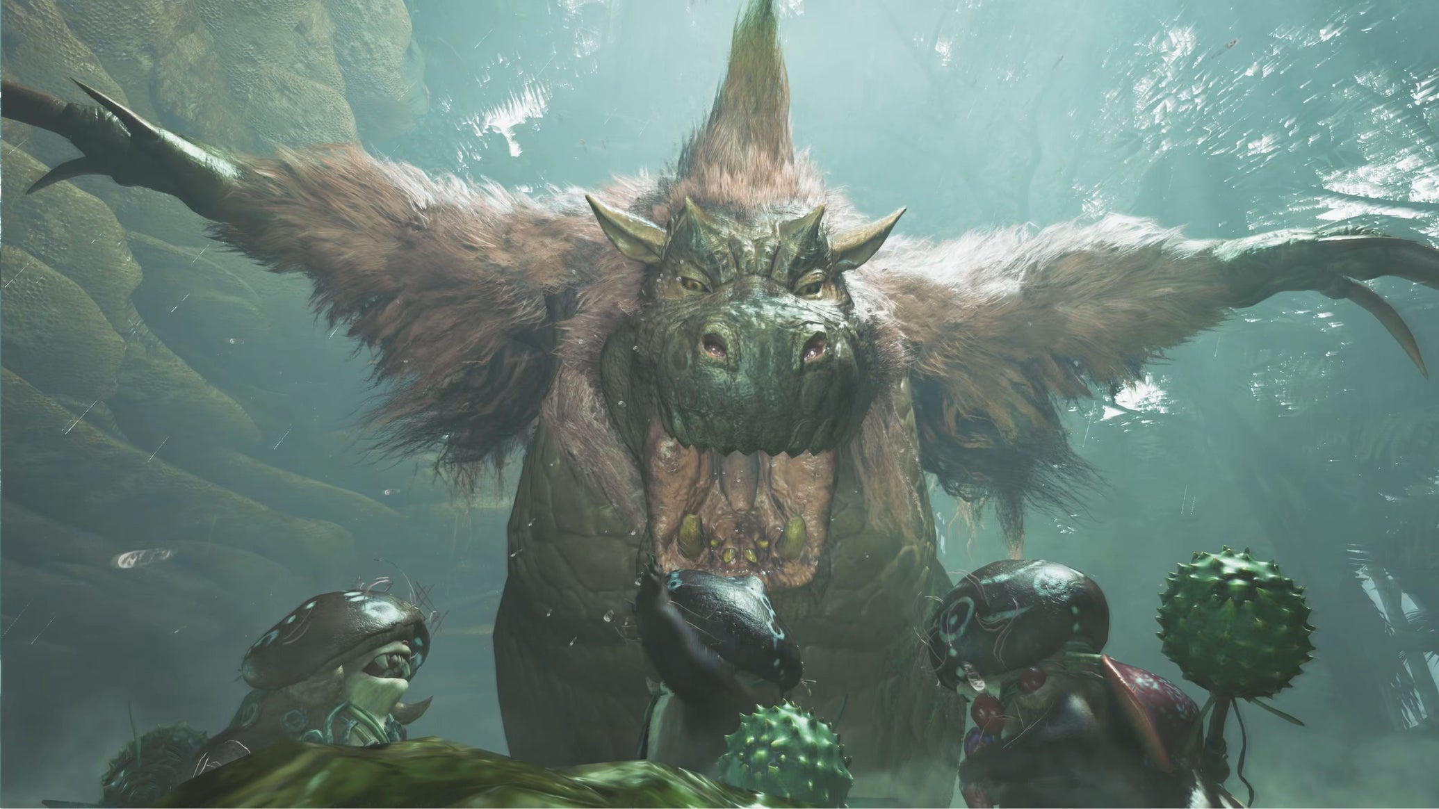 A Congalala, a large monster in Monster Hunter Wilds, roars at a trio of palicos who woke it up. - 1