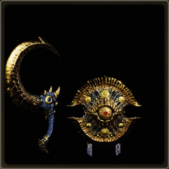 A close-up of a weapon in Monster Hunter Wilds against a black background.