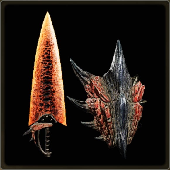 A close-up of a weapon in Monster Hunter Wilds against a black background.