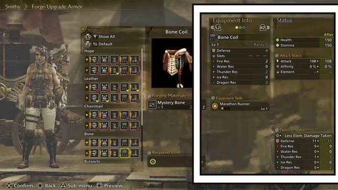 monster hunter wilds crafting armor menu armor info and status details