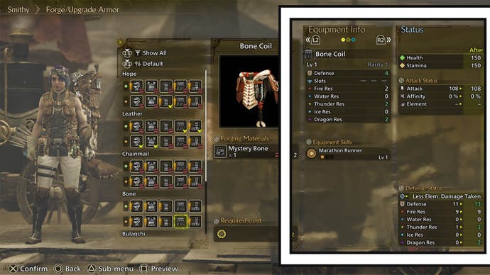 monster hunter wilds crafting armor menu armor info and status details