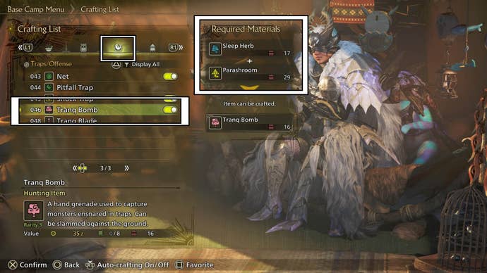 monster hunter wilds crafting list tranq bombs and materials