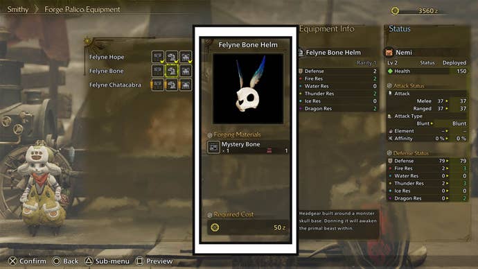 monster hunter wilds crafting palico armor menu piece materials and cost