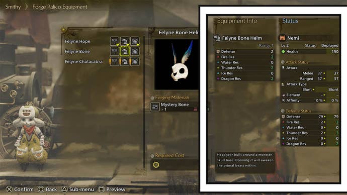 monster hunter wilds crafting palico armor piece information and status