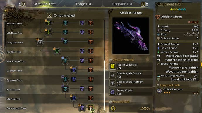 The weapon crafting screen in Monster Hunter Wilds, with the Ableben Abzug selected in the weapon tree.