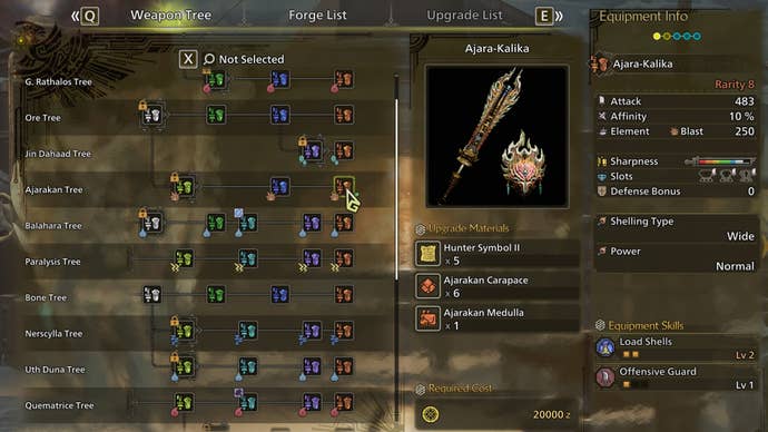 The weapon crafting screen in Monster Hunter Wilds, with the Ajara-Kalika selected in the weapon tree.