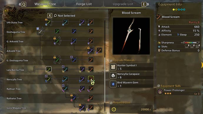 The weapon crafting screen in Monster Hunter Wilds, with the Blood Scream selected in the weapon tree.