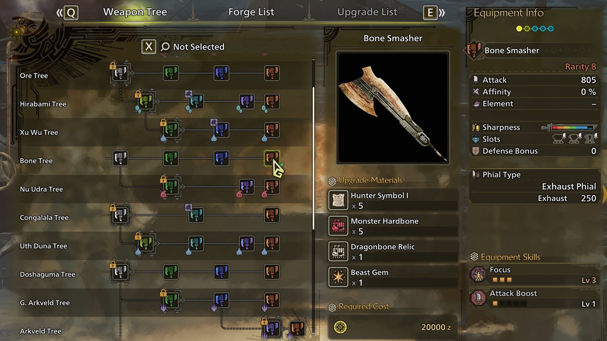 The weapon crafting screen in Monster Hunter Wilds, with the Bone Smasher selected in the weapon tree. - 4