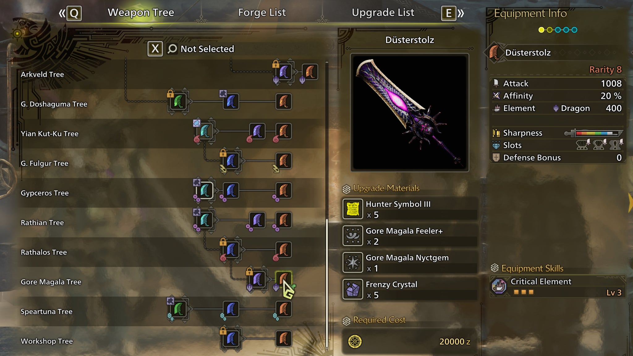 The weapon crafting screen in Monster Hunter Wilds, with the Düsterstolz selected in the weapon tree. - 8