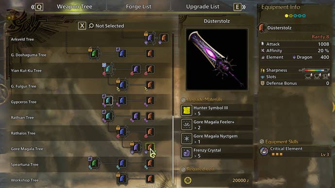 The weapon crafting screen in Monster Hunter Wilds, with the Düsterstolz selected in the weapon tree.