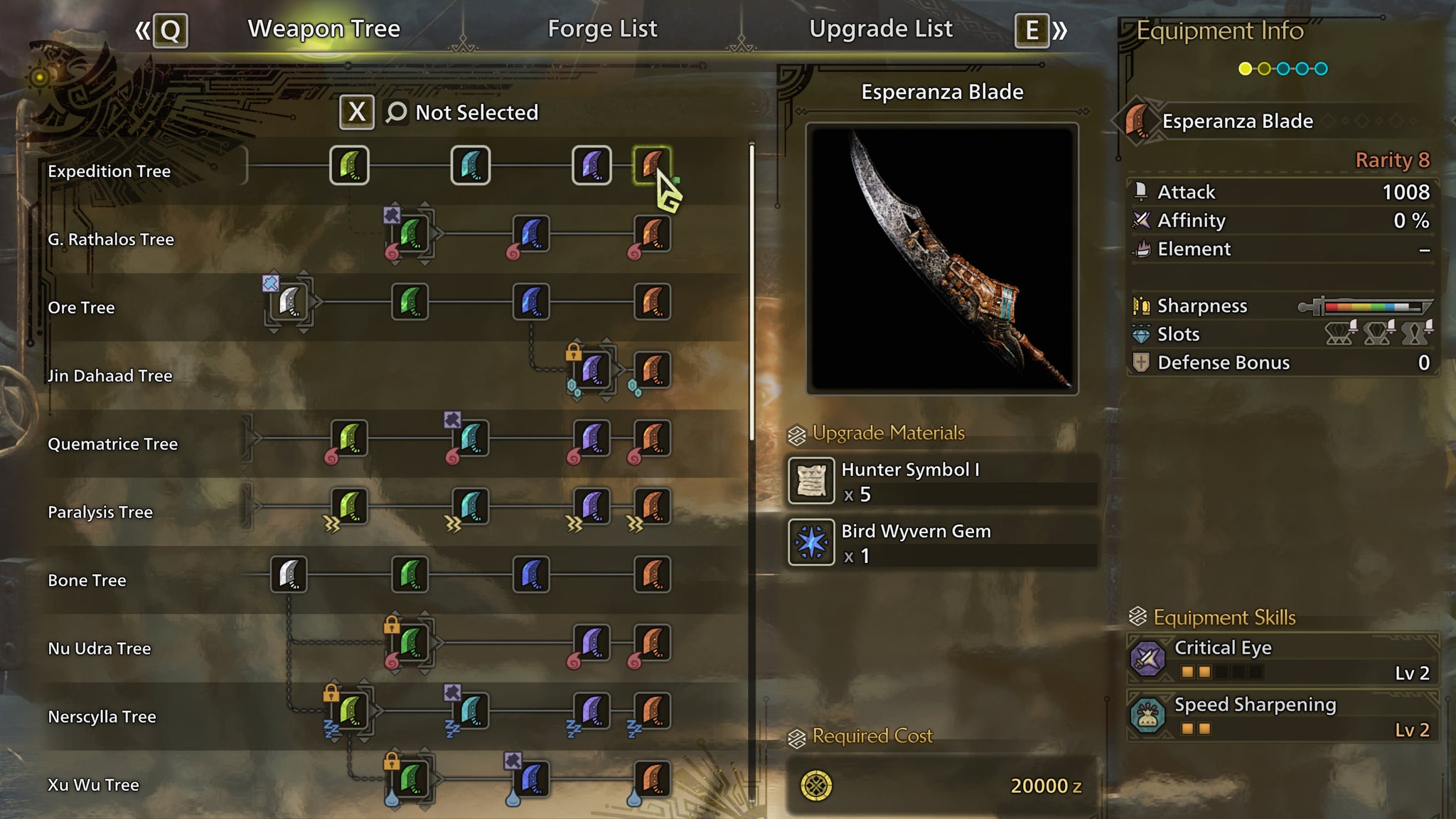 The weapon crafting screen in Monster Hunter Wilds, with the Esperanza Blade selected in the weapon tree. - 4