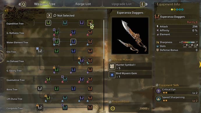 The weapon crafting screen in Monster Hunter Wilds, with the Esperanza Daggers selected in the weapon tree.