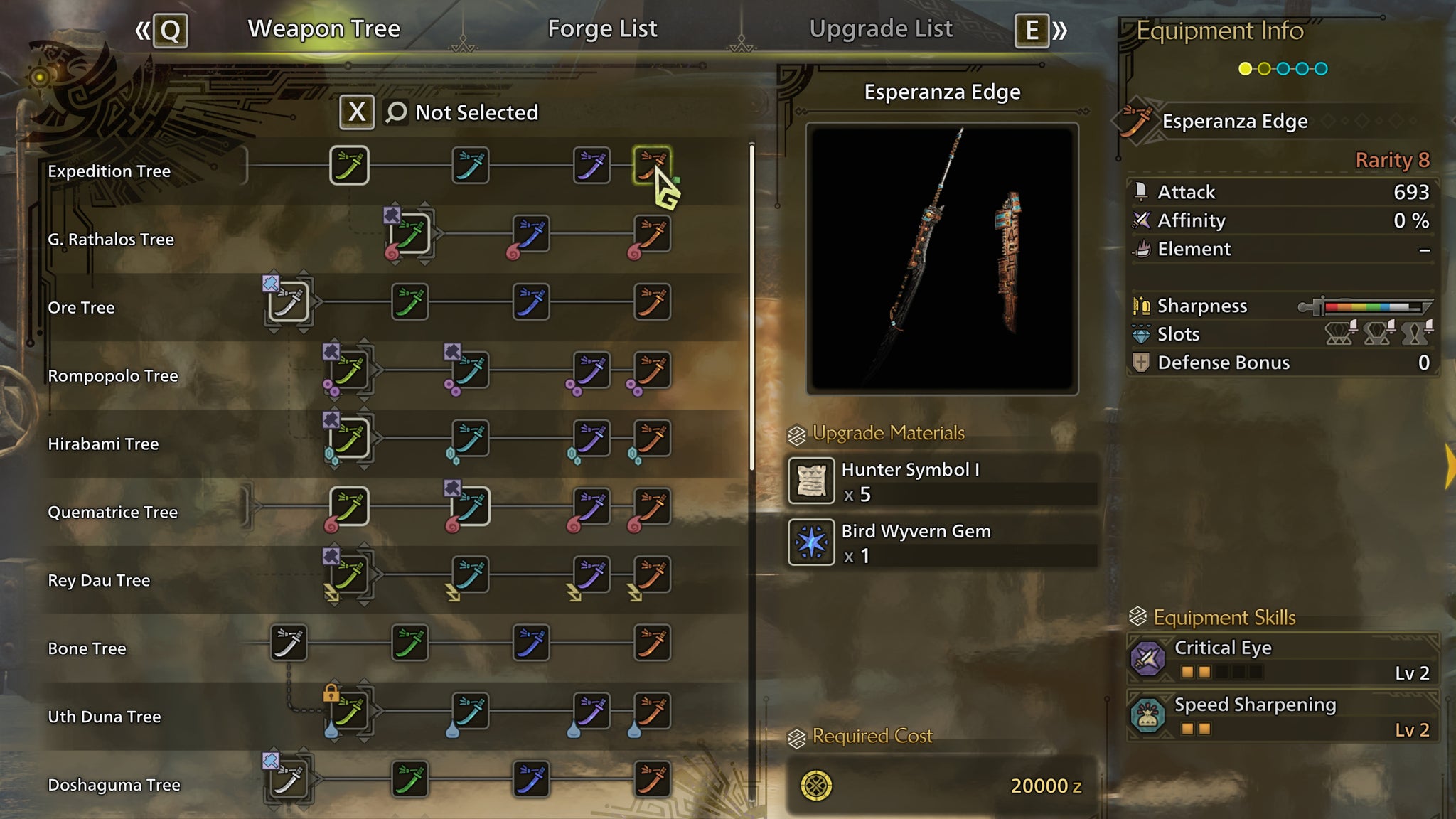 The weapon crafting screen in Monster Hunter Wilds, with the Esperanza Edge selected in the weapon tree. - 4
