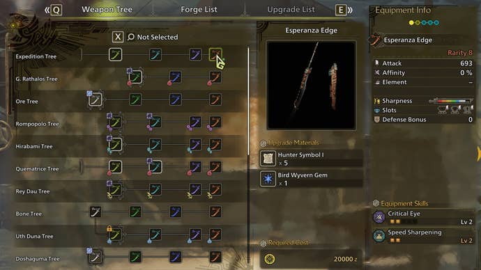 The weapon crafting screen in Monster Hunter Wilds, with the Esperanza Edge selected in the weapon tree.