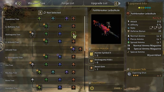 The weapon crafting screen in Monster Hunter Wilds, with the Faithbreaker Leibolkule selected in the weapon tree.