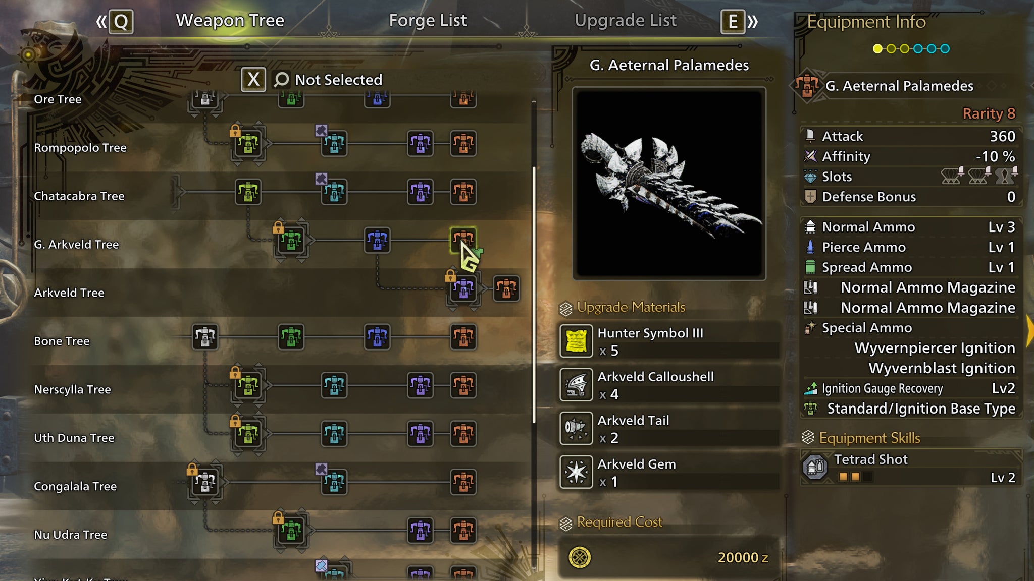 The weapon crafting screen in Monster Hunter Wilds, with the G. Aeternal Palamedes selected in the weapon tree. - 6