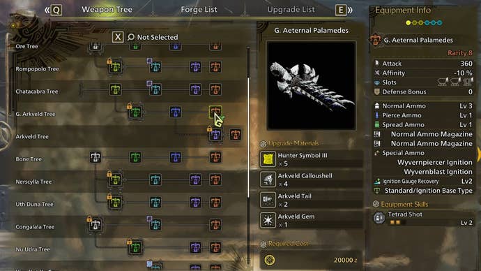 The weapon crafting screen in Monster Hunter Wilds, with the G. Aeternal Palamedes selected in the weapon tree.