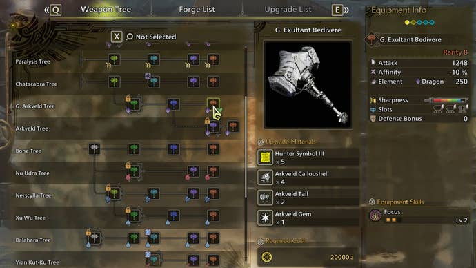 The weapon crafting screen in Monster Hunter Wilds, with the G. Exultant Bedivere selected in the weapon tree.