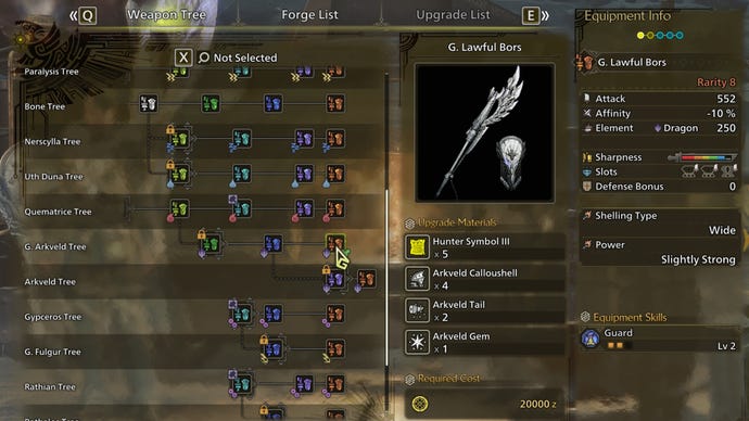 The weapon crafting screen in Monster Hunter Wilds, with the G. Lawful Bors selected in the weapon tree.