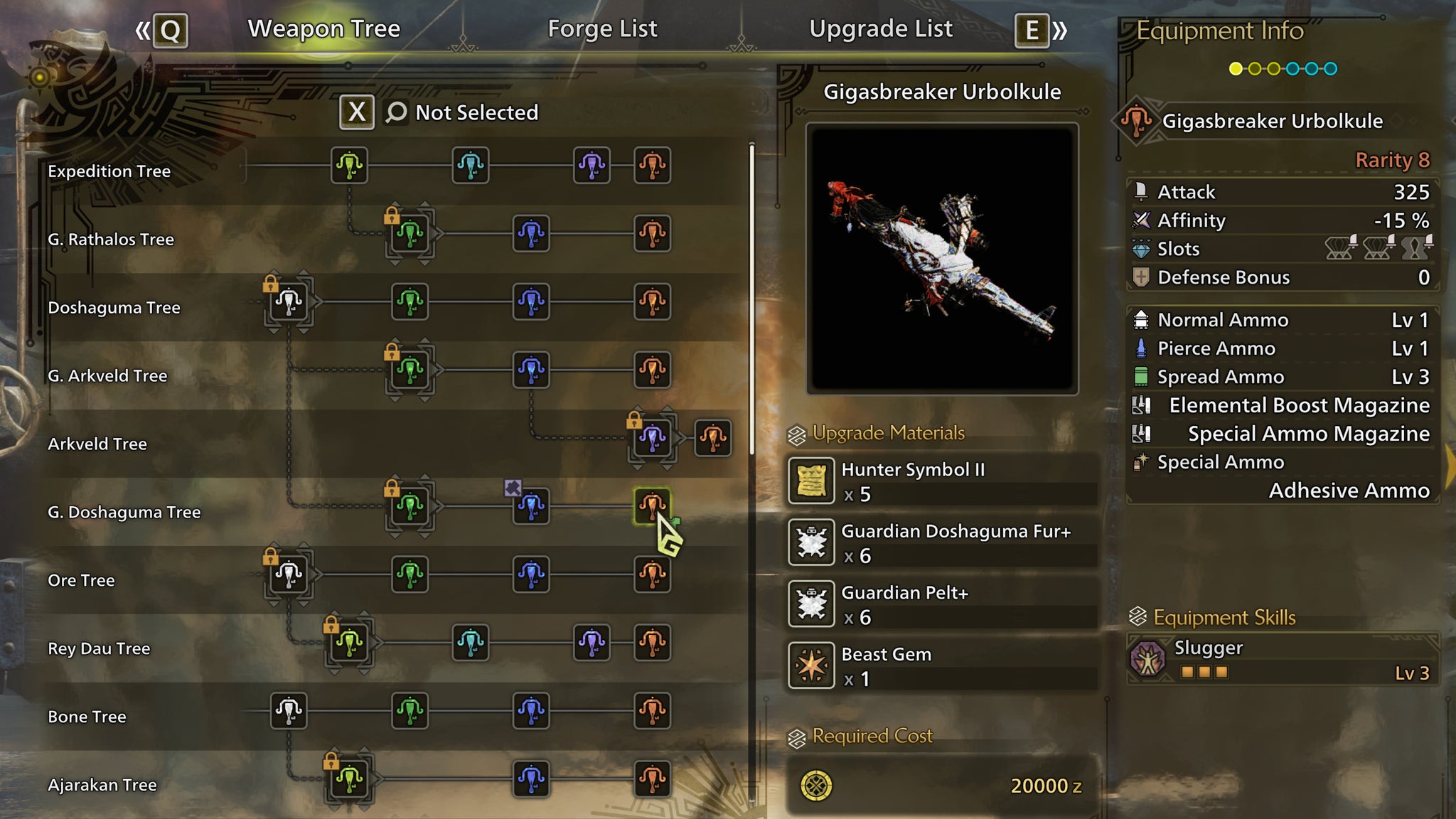 The weapon crafting screen in Monster Hunter Wilds, with the Gigasbreaker Urbolkule selected in the weapon tree. - 4