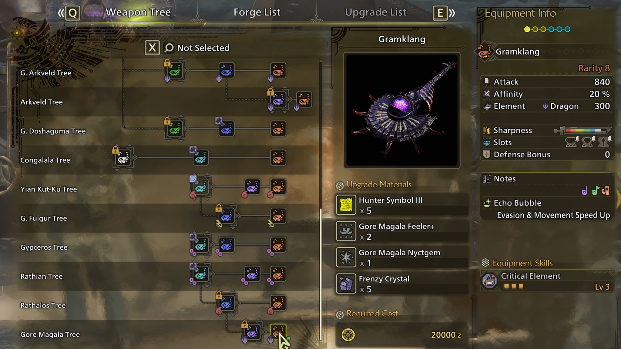 The weapon crafting screen in Monster Hunter Wilds, with the Grimklang selected in the weapon tree. - 6