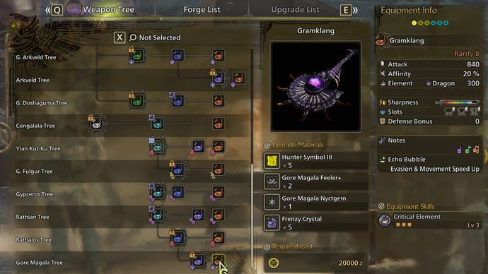 The weapon crafting screen in Monster Hunter Wilds, with the Grimklang selected in the weapon tree.