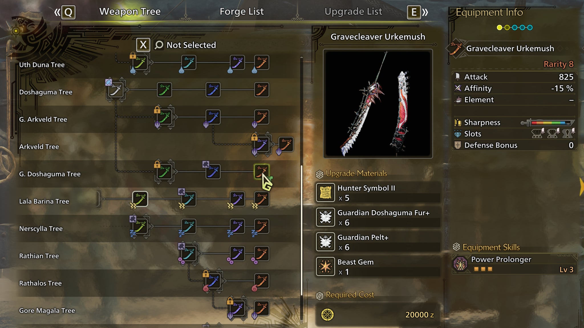 The weapon crafting screen in Monster Hunter Wilds, with the Gravecleaver Urkemush selected in the weapon tree. - 8