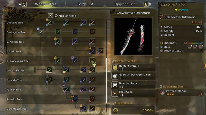The weapon crafting screen in Monster Hunter Wilds, with the Gravecleaver Urkemush selected in the weapon tree.
